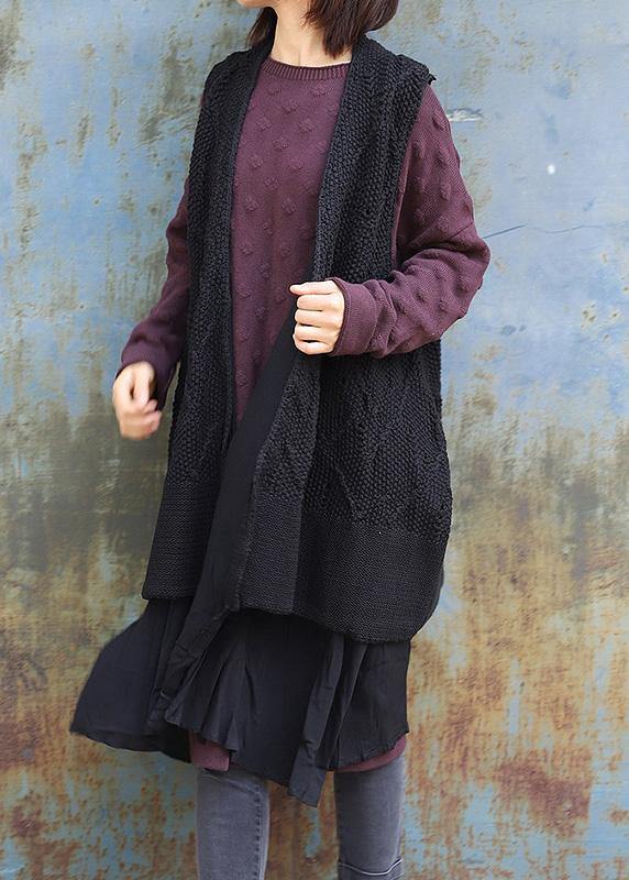 Sleeveless Knit Outwear Oversize Black Hollow Out Knit Cardigans