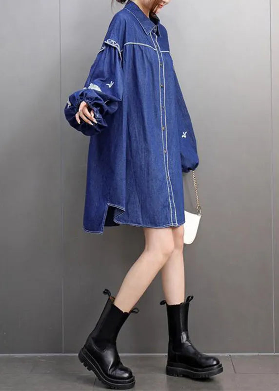 Blue Peter Pan Collar Embroidered Denin Long Shirts Lantern Sleeve