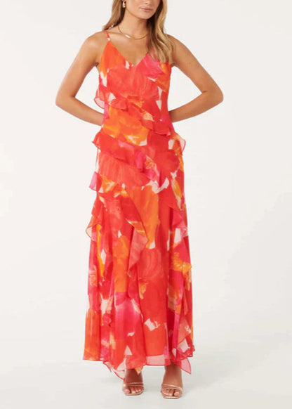 Red V Neck Ruffled Print Chiffon Spaghetti Strap Dress Sleeveless