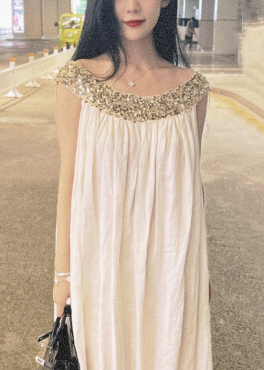 White Sequins Patchwork Cotton Long Dress Sleeveless