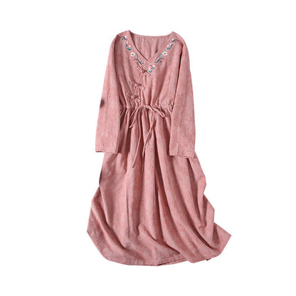 Autumn Cotton Linen Embroidery Retro Dress