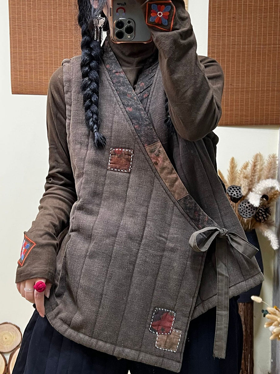Winter Style Patch Loose Belt V-neck Vest