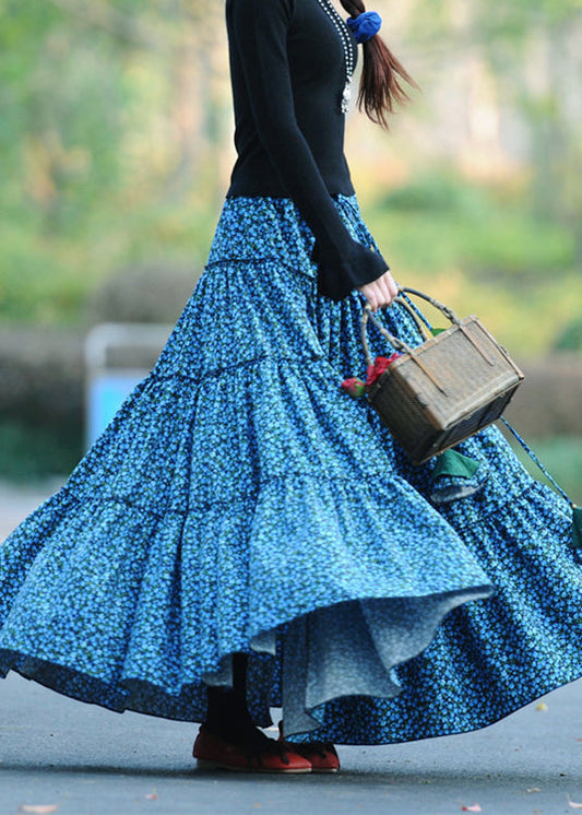 Blue Wrinkled Print Patchwork Corduroy Skirts Spring