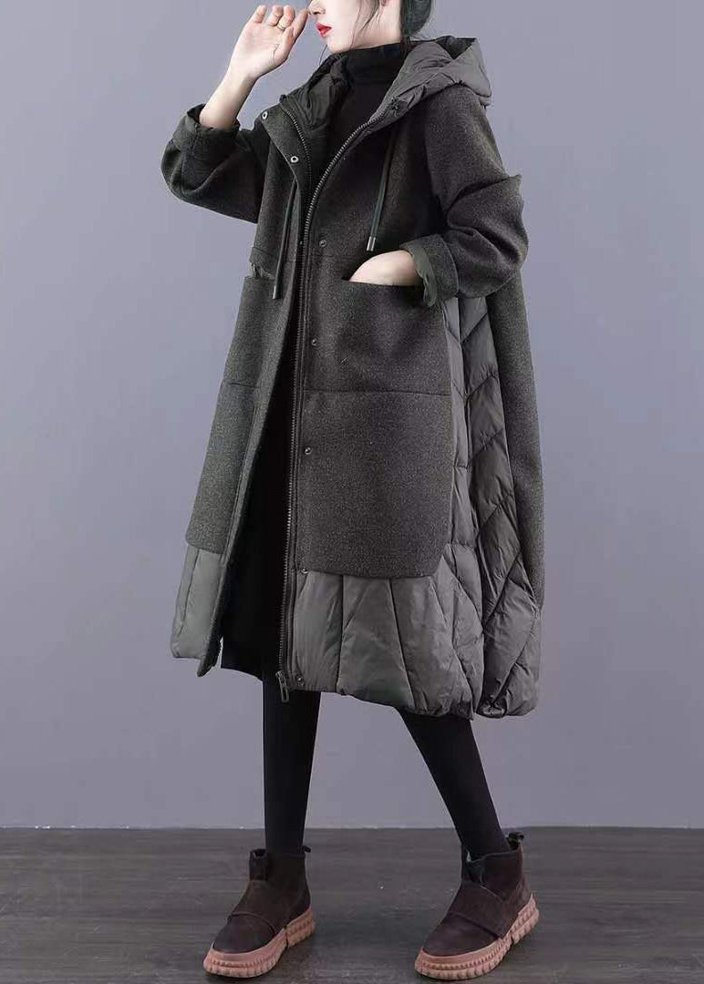 Green Pockets Patchwork Thick Long Coat Zip Up Long Sleeve