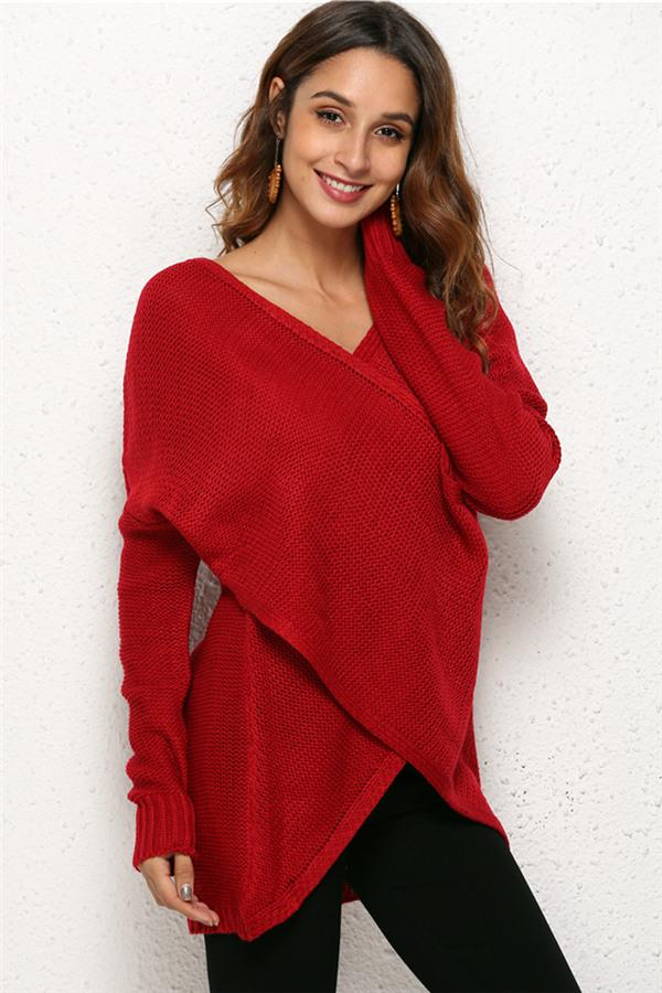 V Neck Front Cross Weekend Sweater - Red