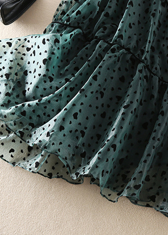 French Green Wrinkled Patchwork Tulle Skirt Spring