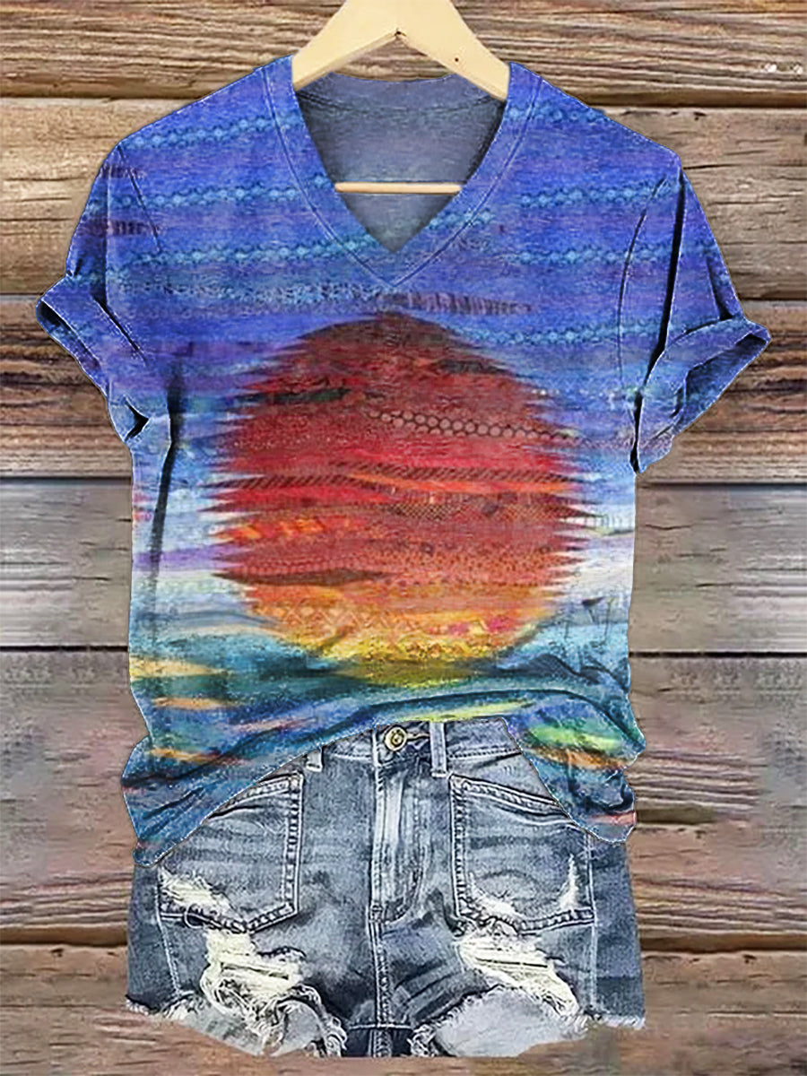 Women's Sunset Art Print V-Neck Casual T-Shirt