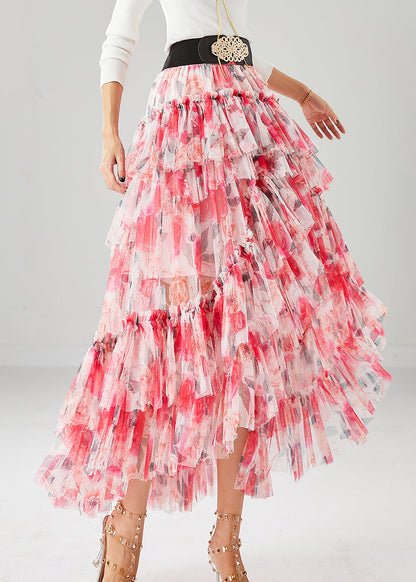 Red Print Low High Design Tulle Skirt Fall