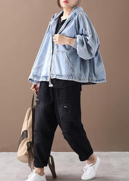 Modern Hooded Zippered for Light Blue Loose Coats