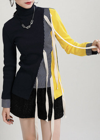 Dark Blue Asymmetrical Thick Patchwork Knit Sweater Spring