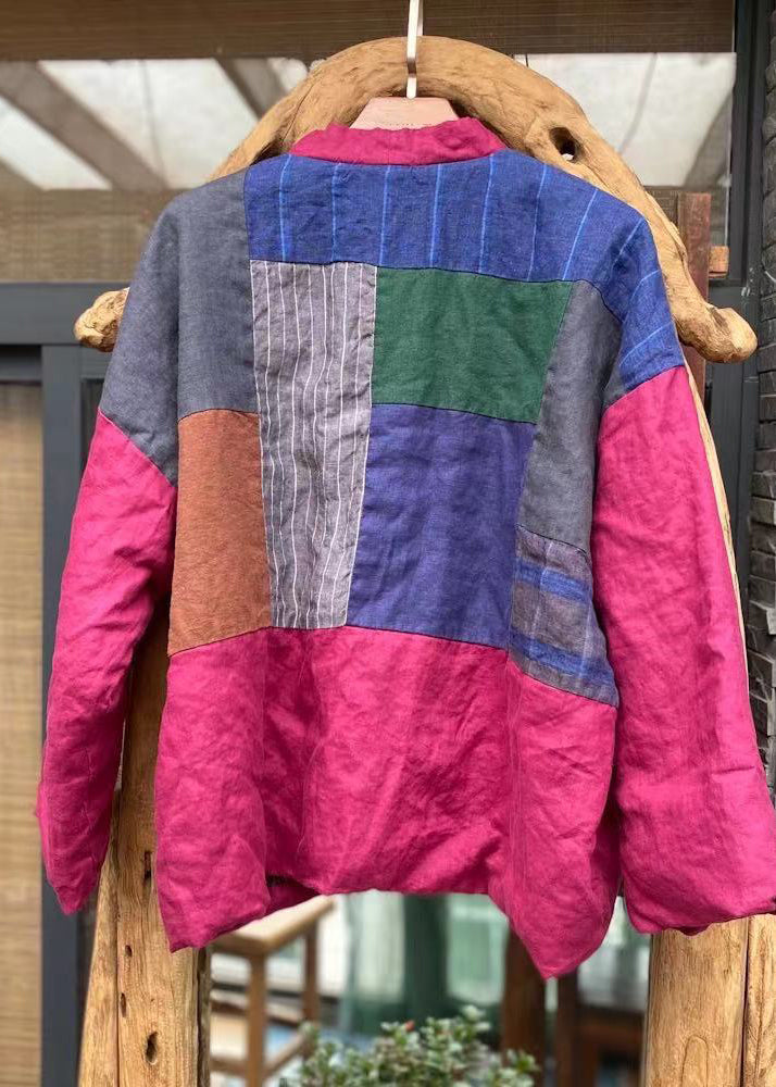 Green V Neck Pockets Patchwork Fine Cotton Filled Jackets Winter