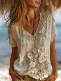 Ladies' Vintage Embroidered Short-sleeved Shirt elevenforest