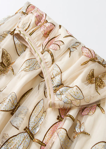 Apricot Butterfly High Waist Tulle Skirts Embroidered Spring