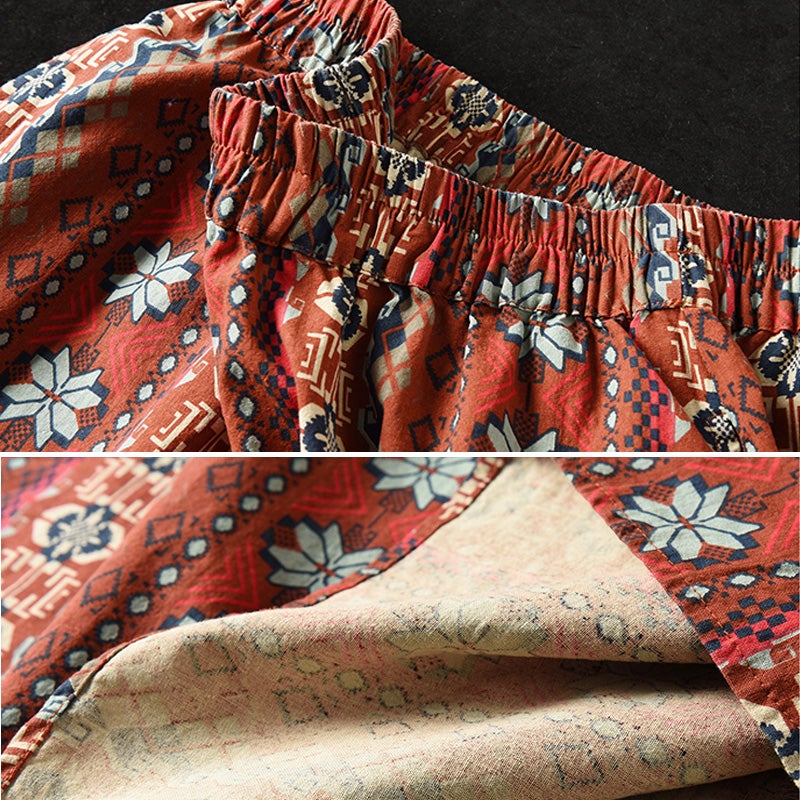 Retro Print Cotton Linen A-line Skirt