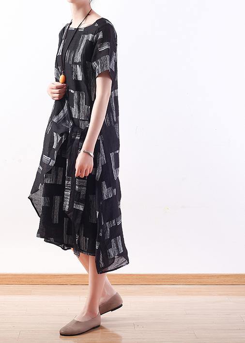 Black Linen Clothes Tie Waist Long Summer Prints Dresses