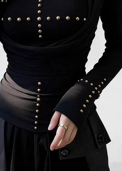 Slim Fit Black Wrinkled Nail Bead Cotton T Shirt Spring