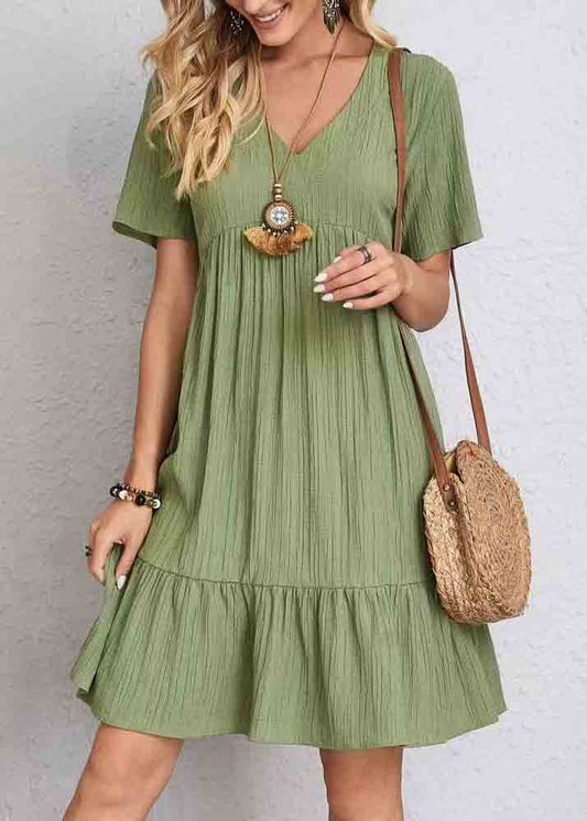 Army Green V Neck Patchwork Cotton Day Dress Summer
