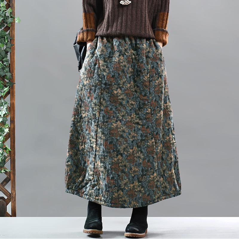 Retro Cotton Linen Quilted Thick Print Skirt