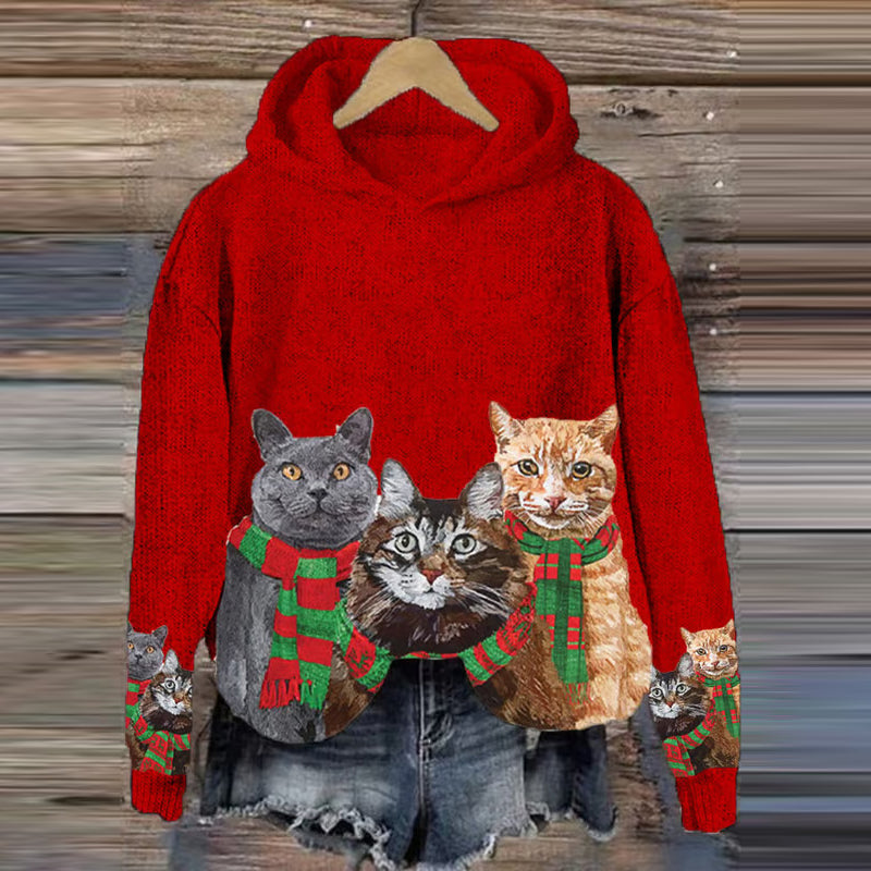 Christmas Cat Print Cozy Knit Hooded Sweater elevenforest