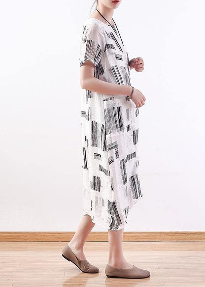 Italian White Prints Linen Dresses Asymmetric Loose Summer Dress