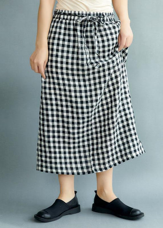 Black Plaid Pockets Fall Tie Waist Skirt
