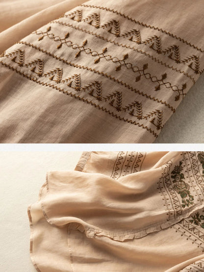 Embroidered Crew Neck 3/4 Sleeve Linen Top