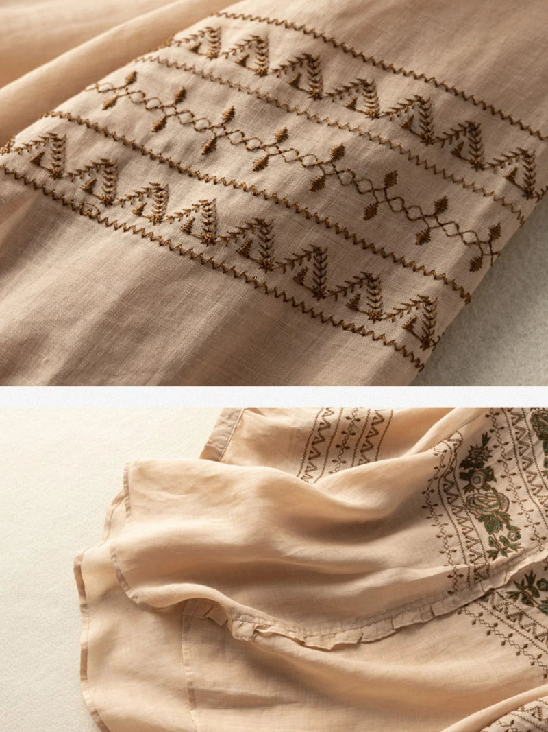 Embroidered Crew Neck 3/4 Sleeve Linen Top