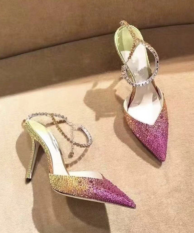 Rhinestone Gradient Color Pointed Thin Heel Sandals New