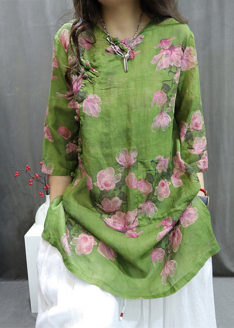 Handmade Green O-neck Print Button Top Summer