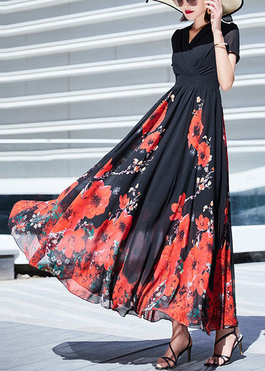 Black V Neck Print Wrinkled Chiffon Long Dresses Summer