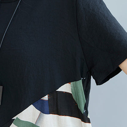 Fine Black Patchwork Linen Shift Dress Loose Fitting Cotton Clothing Dress Short Sleeve Wild Prints Knee Dresses