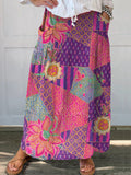 Women's Bohemian Floral Collage Art Print Linen Pocket Skirt