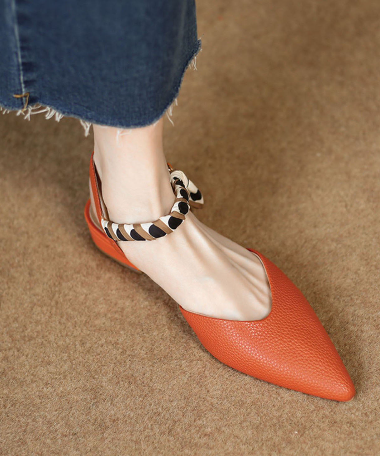 Orange Best Sandals for Walking Buckle Strap Splicing Chunky Pointed Toe