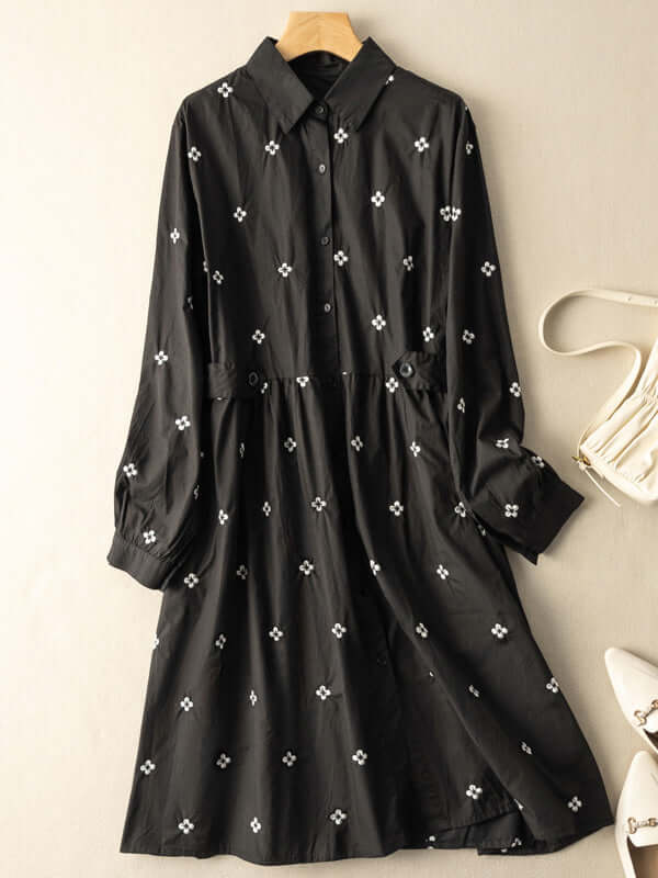 100% Natural Fabric Printed Long Sleeve Shirt Dress With Pockets