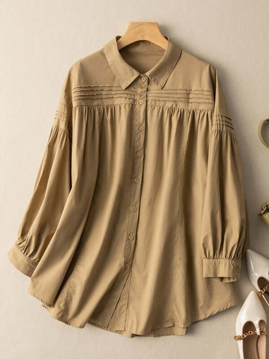 100% Natural Fabric Pleated Long-sleeved Loose Shirt