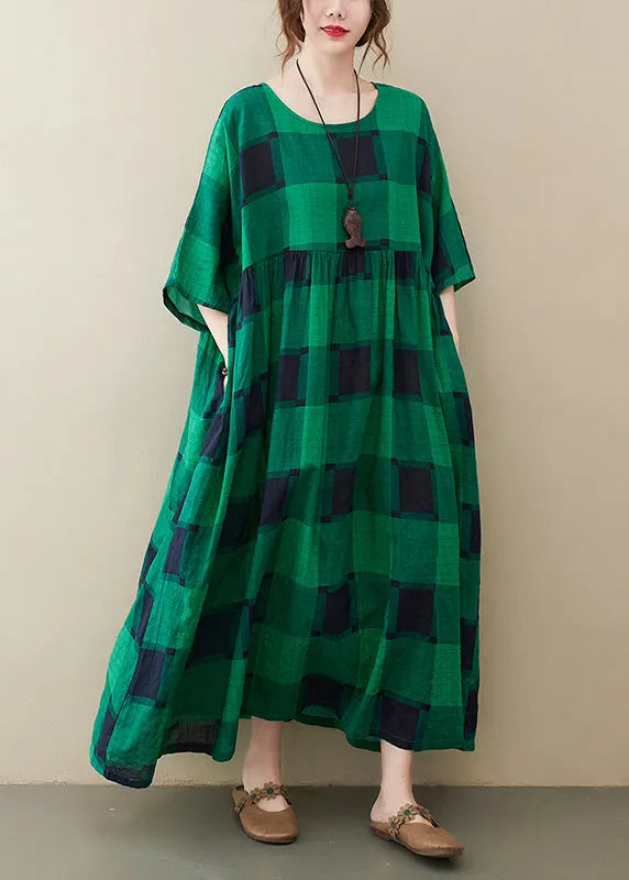 Green Plaid O-neck Pockets Wrinkled Long Dresses Half Sleeve