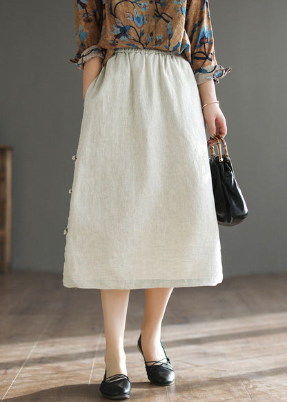 Linen Color Elastic Waist Side Open Oriental Button Linen Skirt Summer