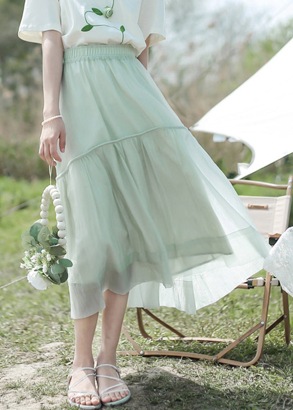 Light Green Patchwork Elastic Waist Organza a Line Skirts Summer