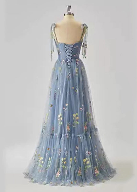 Boutique Blue Embroidered Lace Up Tulle Long Dresses Summer