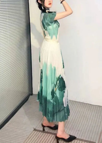 Italian Green Turtleneck Print Top and Skirts Two Piece Set Short Sleeve