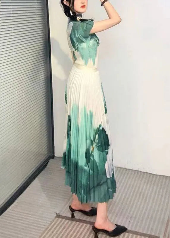 Italian Green Turtleneck Print Top and Skirts Two Piece Set Short Sleeve