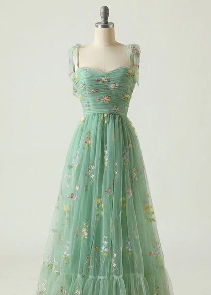 Fine Green Embroidered Wrinkled Patchwork Tulle Dresses Summer