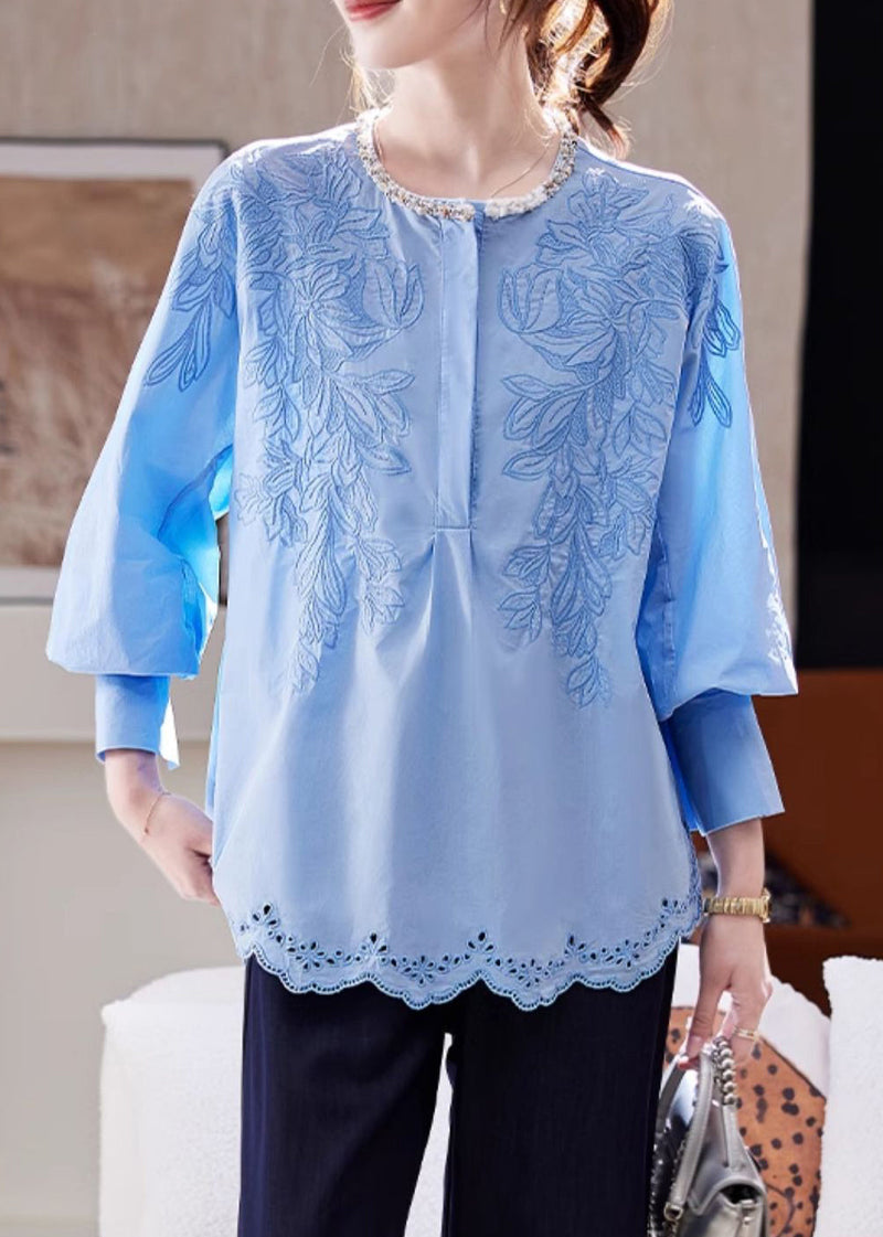 Blue Embroidered Nail Bead Top Batwing Slee