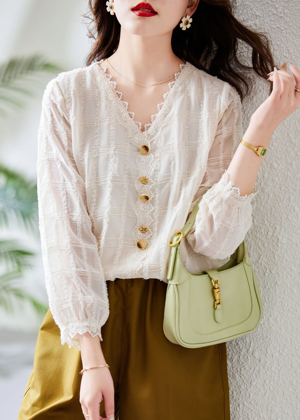 White V Neck Lace Patchwork Button Chiffon Shirt Fall