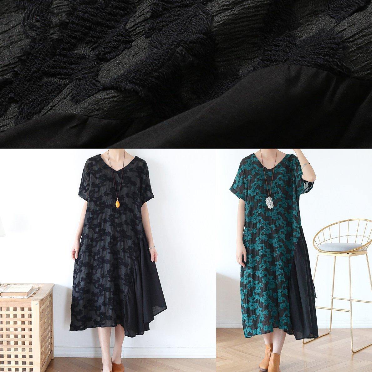 V Neck Pockets Tunic Top Design Green Print a Line Dresses