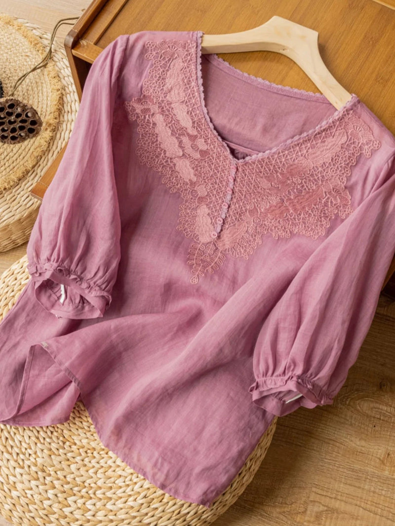 Embroidered V Neck Half Sleeve Linen Top