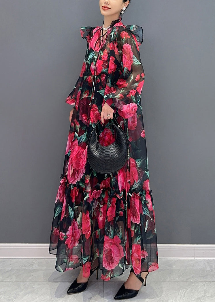 Red Print Lace Up Chiffon Long Dress Lantern Sleeve