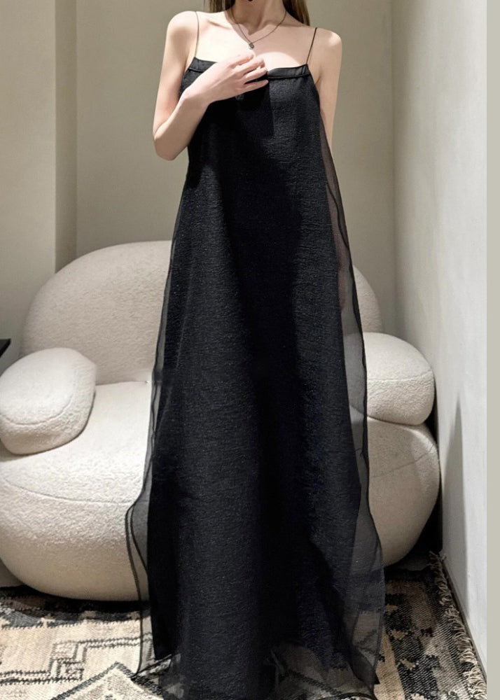 Simple Black Cold Shoulder Tulle Spaghetti Strap Dress Sleeveless