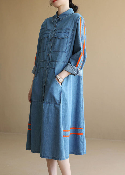 Denim Blue Pockets Patchwork Tie Waist Cotton Long Dress Long Sleeve