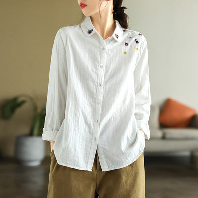 Art Double Layer Cotton Long Sleeve Embroidery Shirt